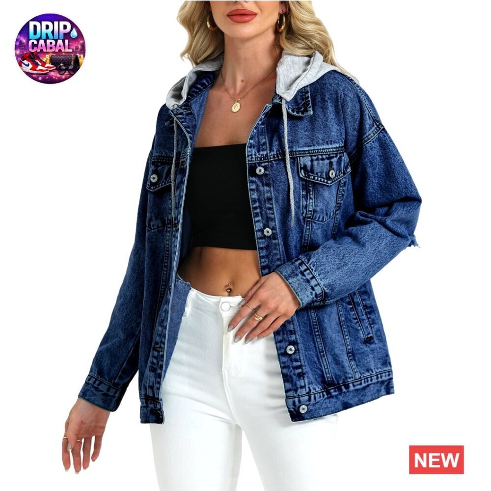 Oversized Distressed Denim Jacket With Detachable Hood Ripped Boyfriend Style
